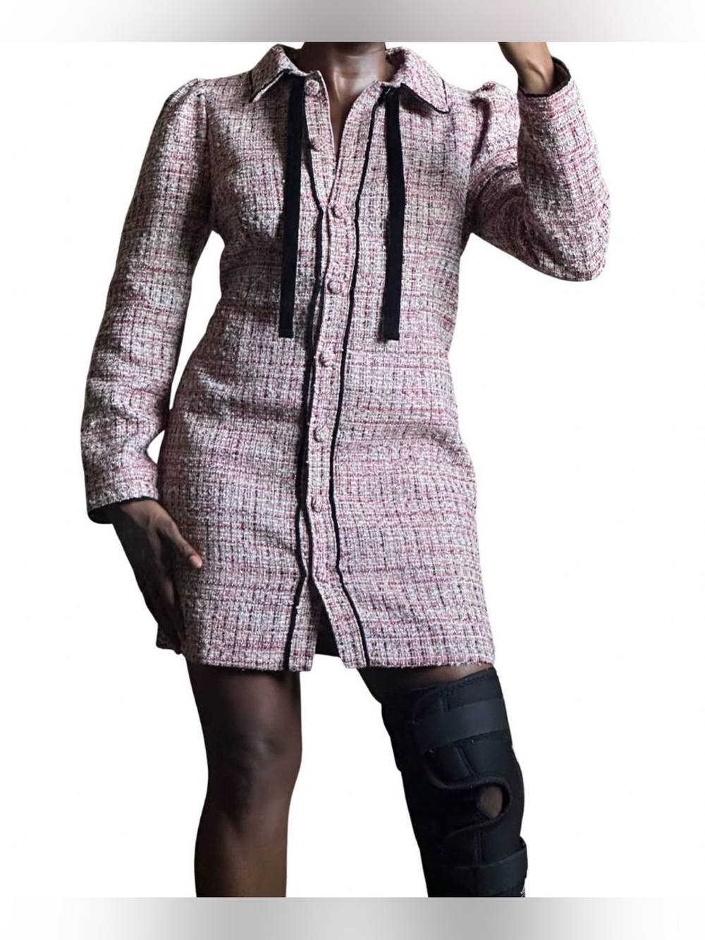 Pink Tweed Plaid Collared Boucle Mini Puff Sleeve Velvet Dress Bow Button, M